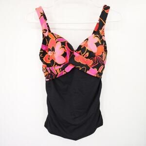 Lands End Black Pink Floral Criss Cross Twist Swim Tankini Top Size 4 D NWOT